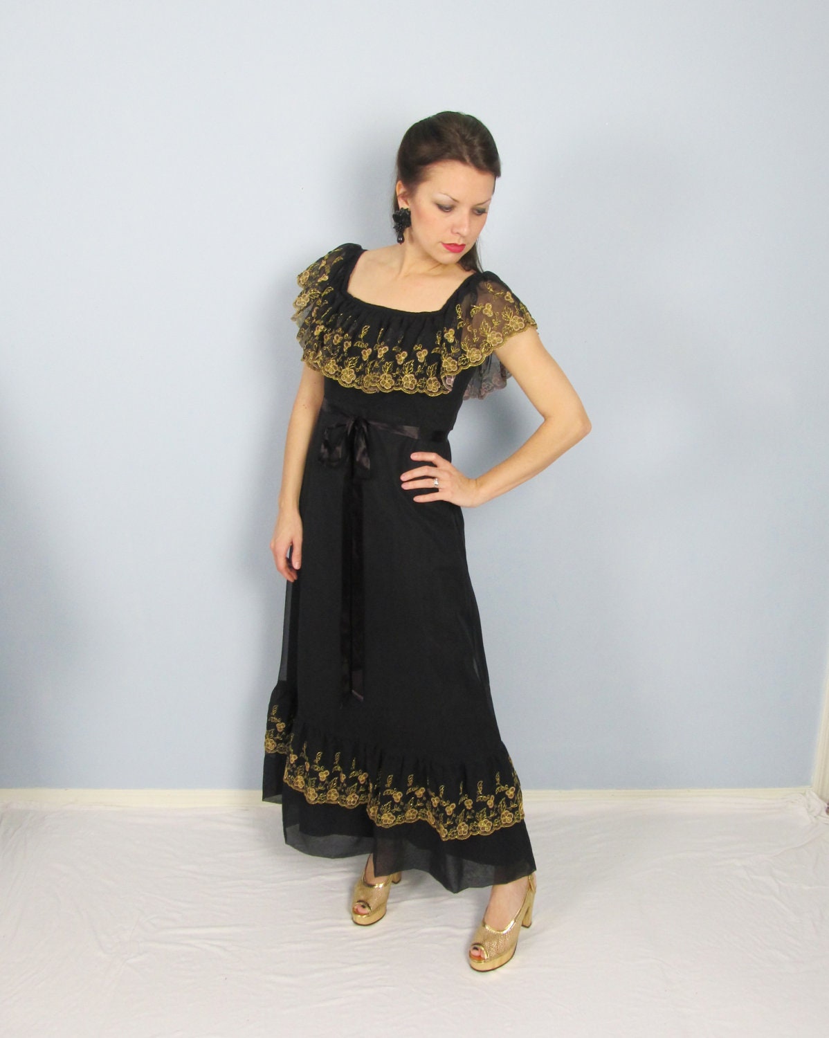 Vintage 1960's Black Organza Party Dress /// Embroidered Golden Full Length Sheer Gown