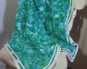 Crochet Afghan 37" by 50" Blanket Variegated Green Blue White Yarn Lap Crib Carriage Secutity Christening Nursery Newborn Precious Gift
