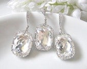 Baguette Swarovski Crystals In White Gold Bridal Earrings And Necklace Set - Bridal Jewelry Set, Bridesmaid Jewelry Set, Wedding Set
