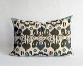 Ready to Ship - 12x18 inch - Designer Lumbar Pillow Cover in Rio Village Blue/ Natural (Ikat in Chocolate Brown, Taupe, Grey, Blue, Cream)