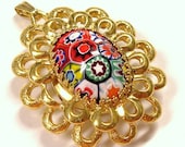 VINTAGE Pendant Watch Case MILLEFIORI Murano Millefiori Glass Cabochon Ornate Oval Frame Gold Watch Case Destash (L5)