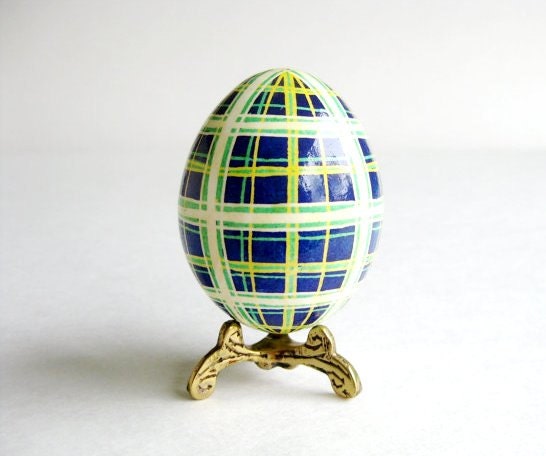 White and Navy plaid Easter egg Pysanka, hand painted chicken eggs, Ukrainian Pysanky