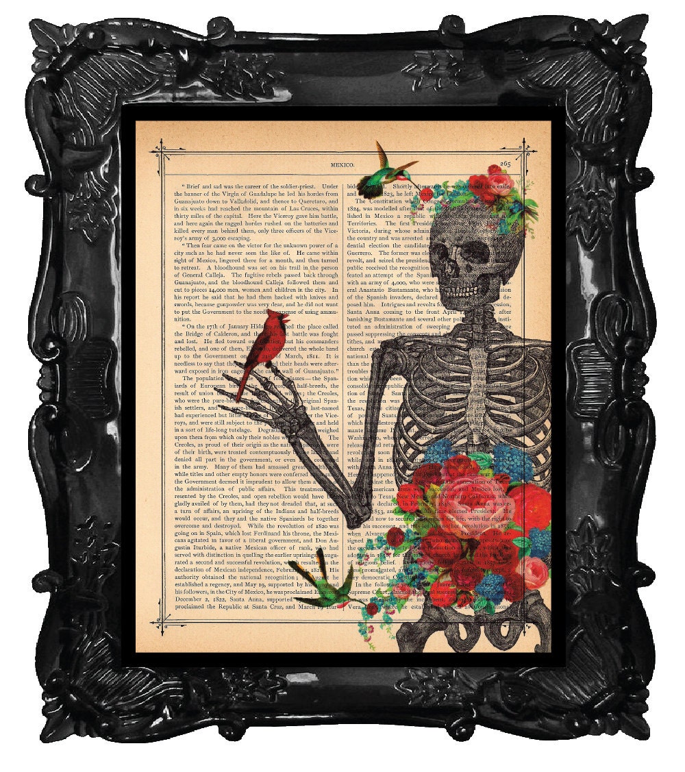 Love Blossoms SKELETON Art Print Birds Cardinal Flower SKELETON Anatomy art antique book page dictionary print