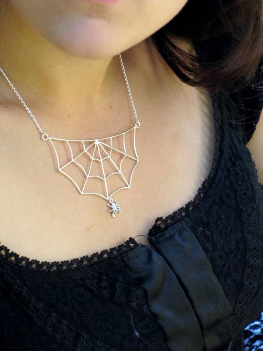 Itsy Bitsy Spider's Web - Sterling silver spider web necklace w/ sterling spider charm - Made to order