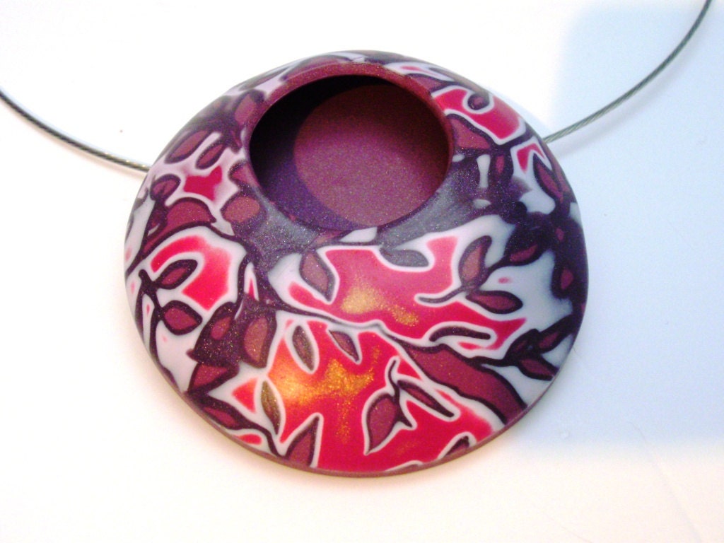 JAPAN Round Pendant in Polymer Clay Original Leaves Pink and Purple Present for her 45 USD