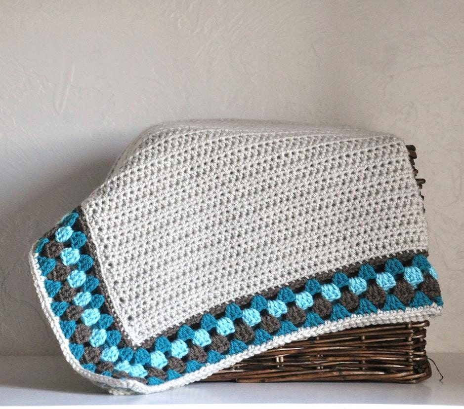 Baby Blanket  - Granny Border - Teal Brown Aqua - Fiona