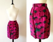 1990s silk magenta graphic floral print pencil skirt with belt s