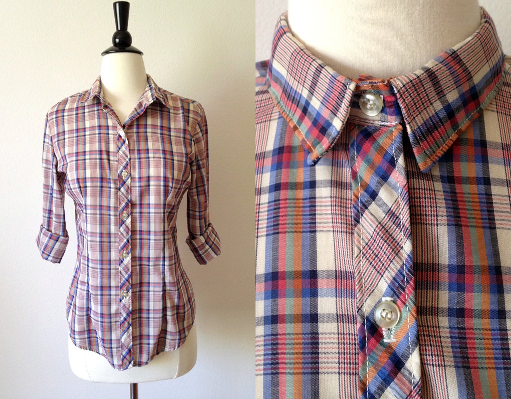1970s plaid button down long sleeve shirt s m