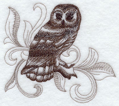 2 flour sack embroidered kitchen towels / bar mops halloween baroque great barred owl