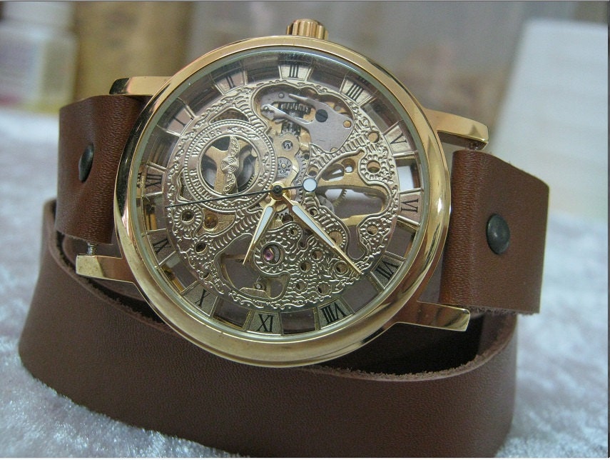 Skeleton Vintage Retro Steampunk camel Tan Leather Wrap Watch Mechanical Wind Watch with a lovely Silver Gold skeleton pattern FREE SHIP