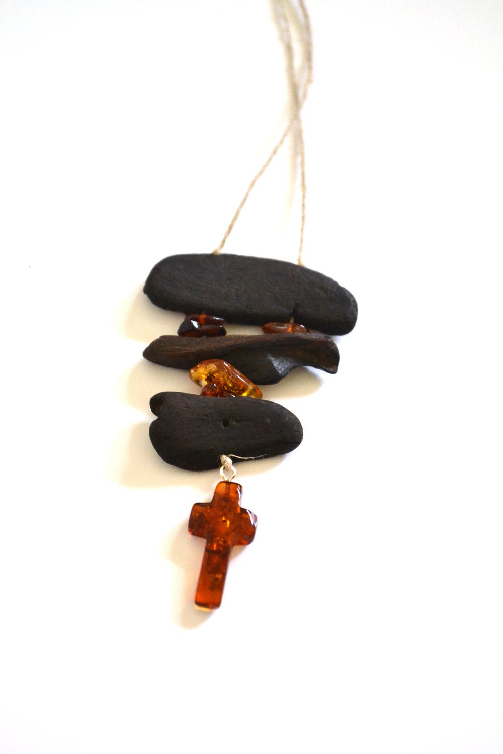 Handmade necklace from drift wood and natural Baltic Sea amber