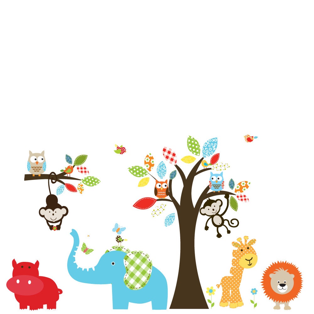 Childrens Wall Decal Jungle Safari Tree Monkeys Elephant Giraffe Vinyl Wall Decals Nursery