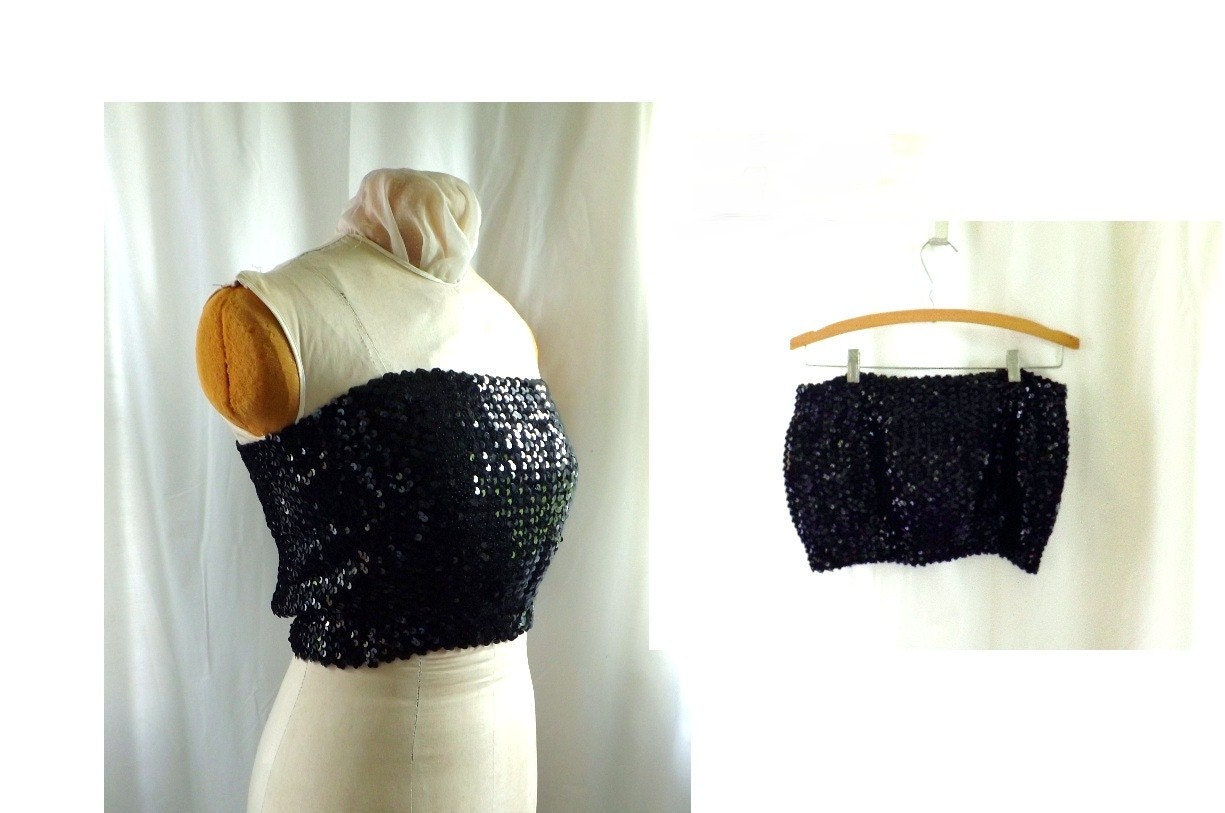 sequin tube top / vintage 80s black Glam sequin tube top