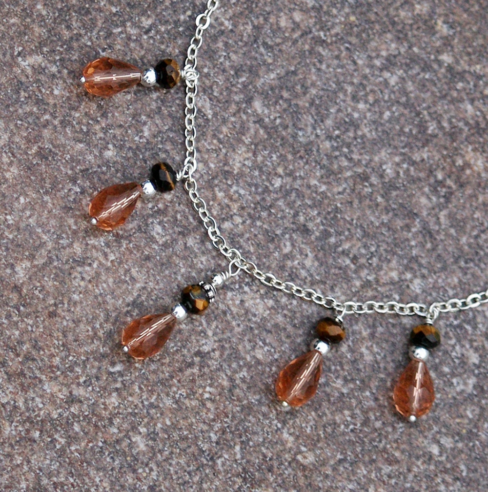 Spring Statement Necklace, Peach Bib, Tiger Eye, Natural Stone, Feminine, Handmade, Summer