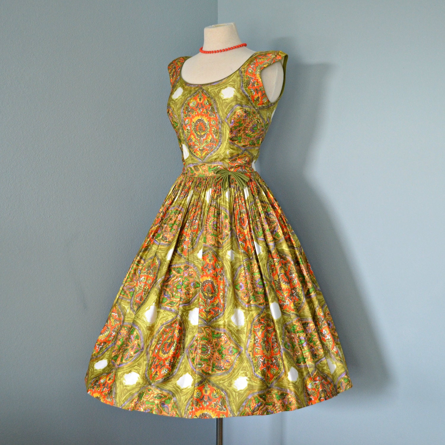 Vintage 1950's Sundress...Gorgeous Retro Print Polished Cotton Sundress