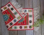 Handmade Table Runner - Red, Teal & Cream Wool Romanian Kilim