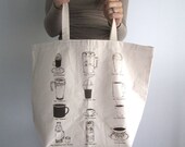 Canvas Tote Bag - Screen Printed Recycled Cotton Grocery Bag - Large Canvas Shopper Tote - Reusable and Washable - Eco Friendly - Coffee