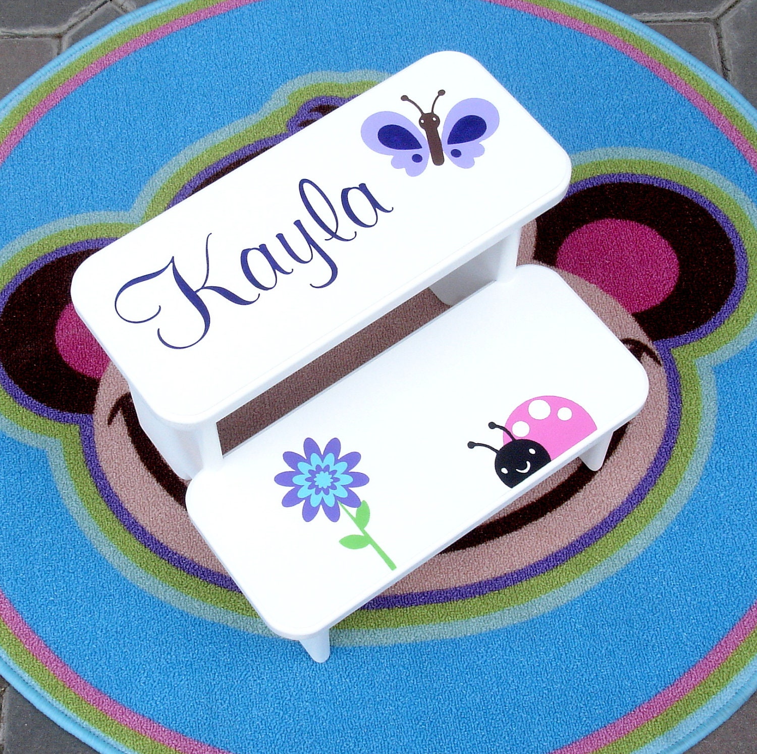White Butterfly and Lady Bug Personalized Custom Step Stool
