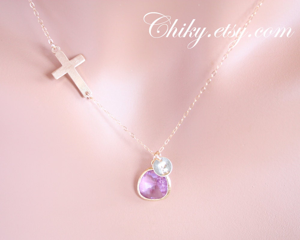 Sideways cross necklace with initial disc and purple stone ,  thanksgiving gift ,christmas gift, gold cross