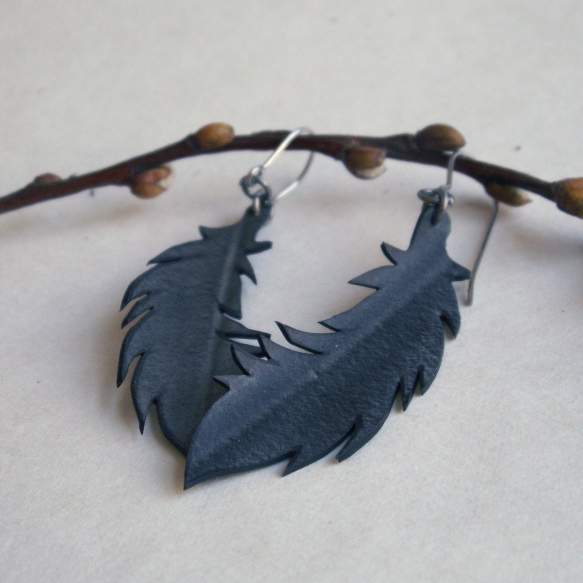 Black Feather Earrings - eco friendly jewelry - upcycled bicycle inner tube - Gloomstopper