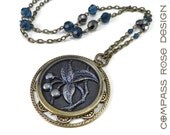 Antique Button Necklace - Victorian Jewelry - Luxe Antique Button Jewelry - Opera Length Blue Swarovski Crystal Hematite - Steel Cut Flowers