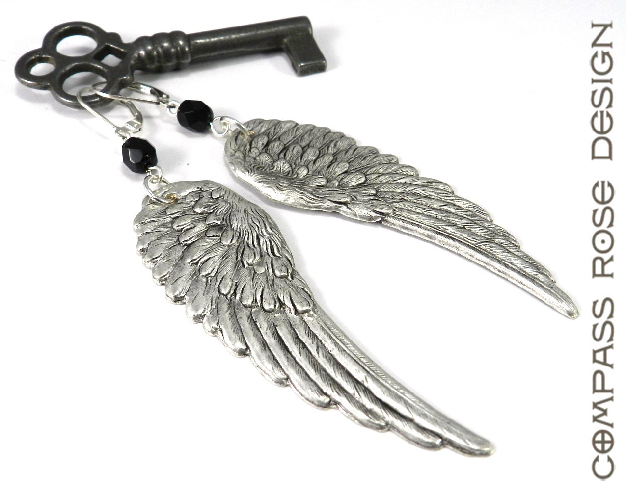 Steampunk Earrings Silver Angel Wings Black Crystal Feathered Wing Vintage Stamping Earrings Handmade by Compassrosedesign