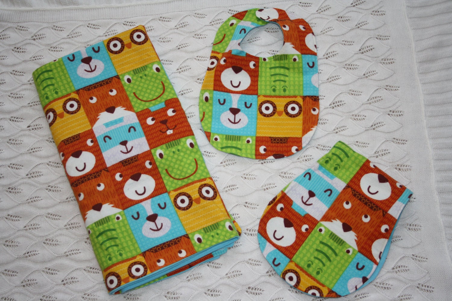 Baby Gift Set- blanket, bib, burp cloth- Animal Eyes, blue, orange, green