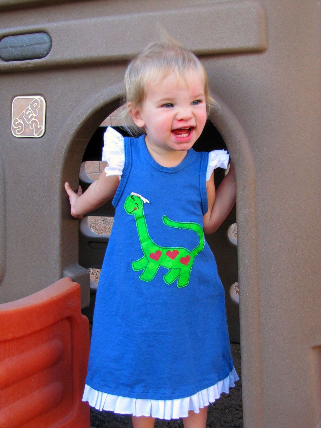 Girls Dress - Miss Dinosaur Blue White Ruffles, READY TO SHIP (3m, 6m, 12m, 2t)