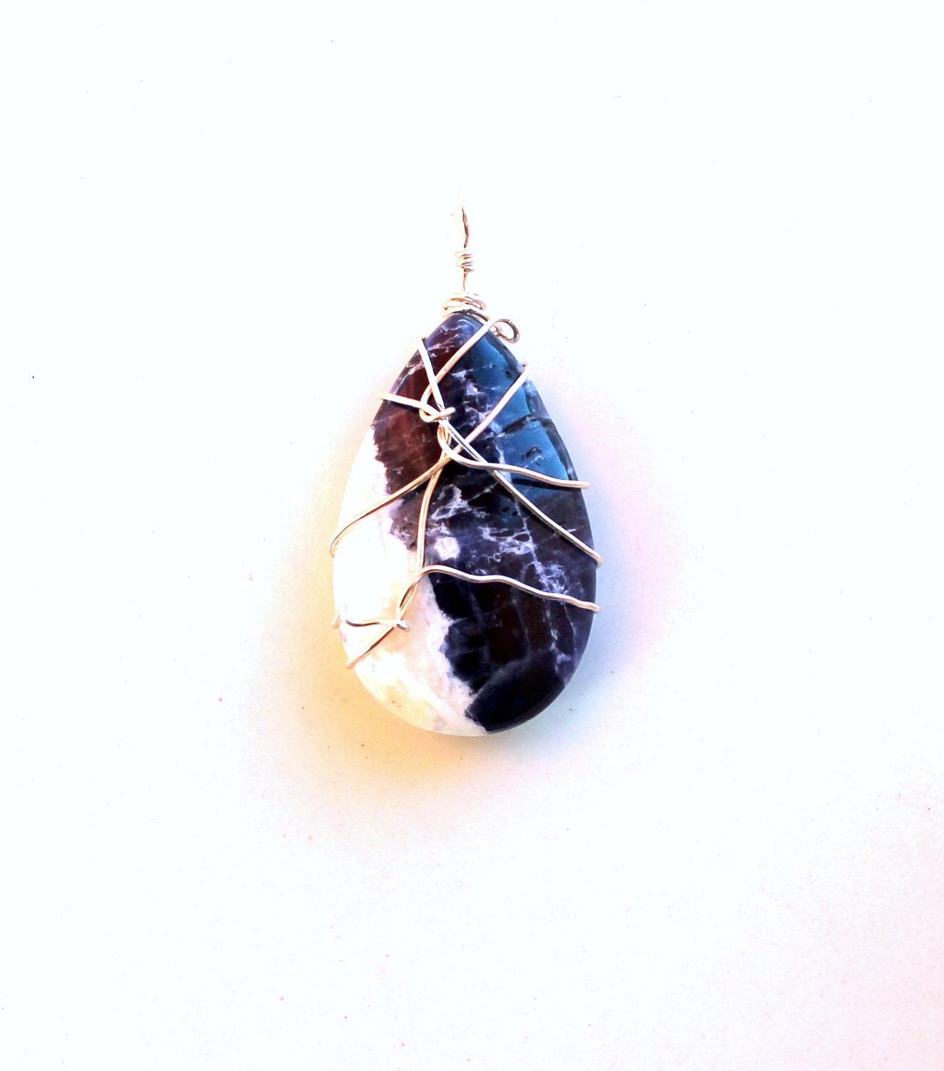 pendant. blue and white sterling wire wrapped gemstone pendant. mens unisex gift pendant. sodalite rock ornament