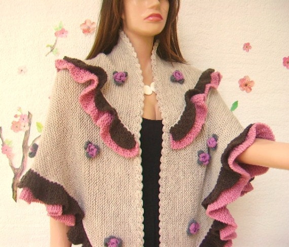 Beige Ruffle Shawl, Brown and Pink Two Ruffled Layers, Frilled Shawl, Wool Warm, Bridesmaid Gift with Flowers