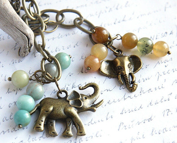 on Vacation / Antique Bronze Chain Bracelet -  Lucky Elephant Charm - Natural Amazonite Stone Beads - Unisex Boho Bracelet - TAGT