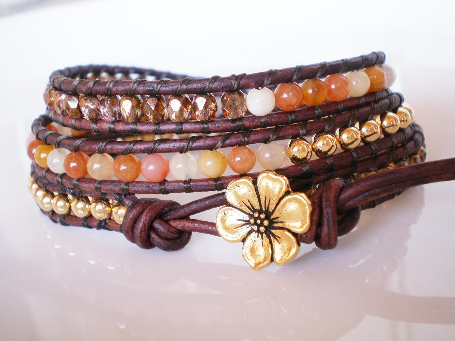 Old Yellow Jade Leather Wrap Bracelet Gold Plated Button