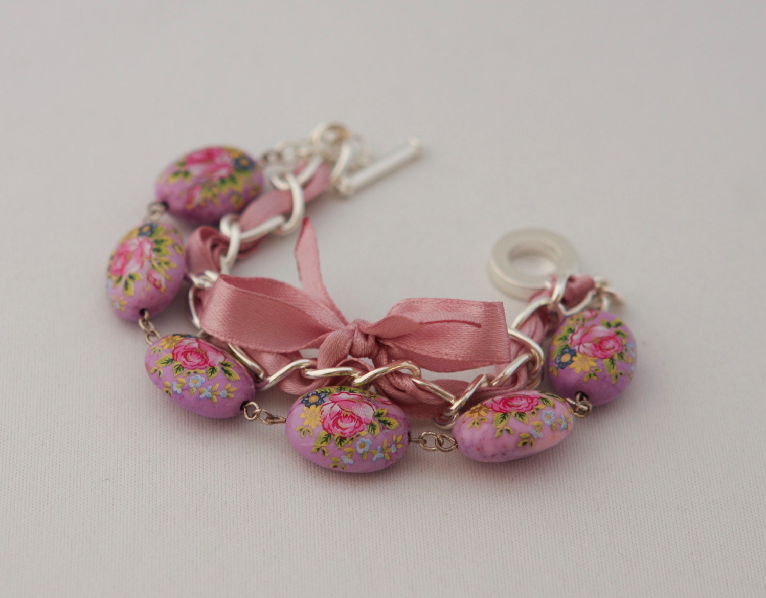 Chalk turquoise beads with flowers and orchid ribbon bracelet