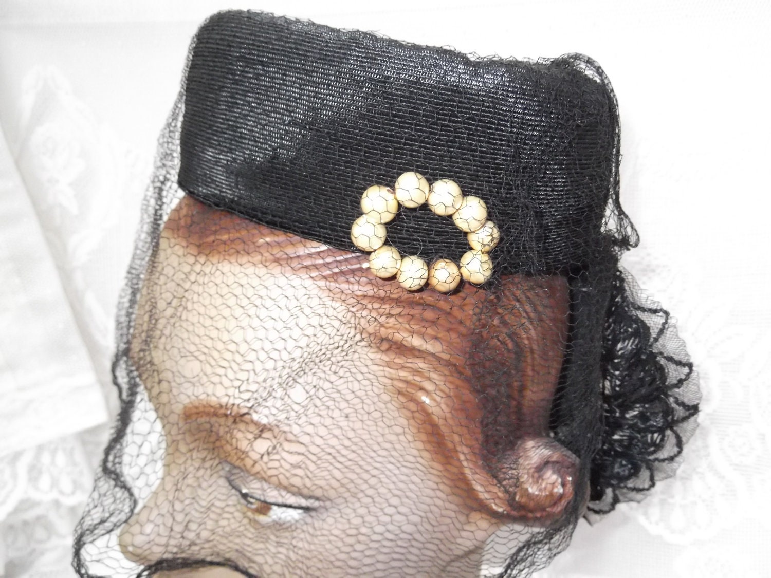 Vintage 1930s Hat Black Straw Tilt Art Deco Flap Veiling Pearls Pasadena Label