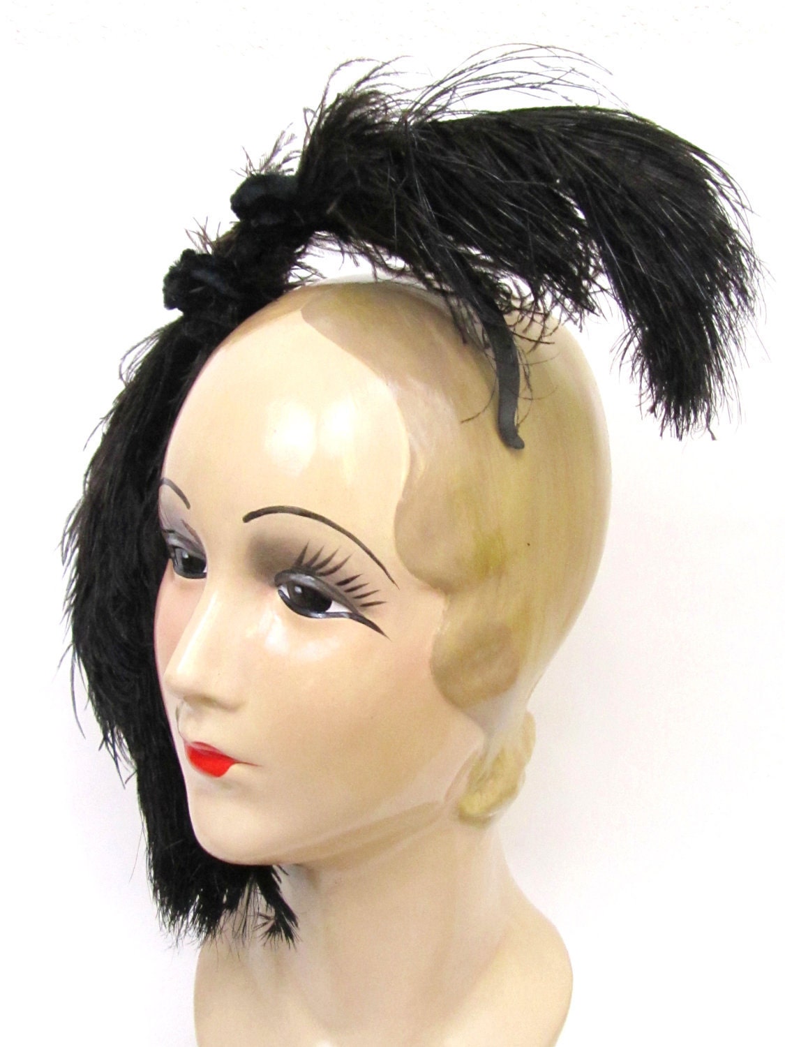 1920s Burlesque Hat - 20s Flapper Dress Hat Black Ostrich Feather Fascinator