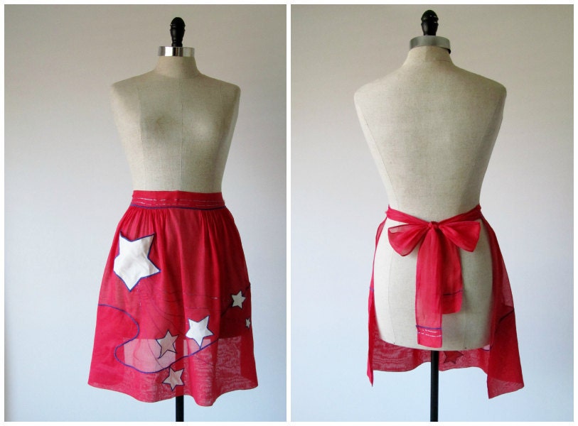 1950s Apron Sheer Red Organza Hostess Red White Blue STAR