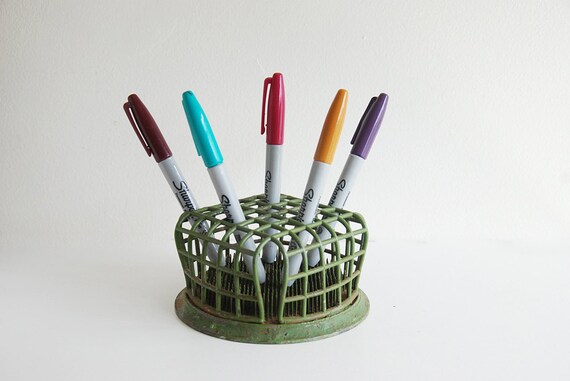 Large Green Metal Flower Frog - Repurposed Display Desktop Organizer