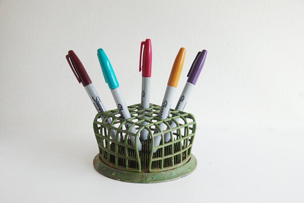Large Green Metal Flower Frog - Repurposed Display Desktop Organizer
