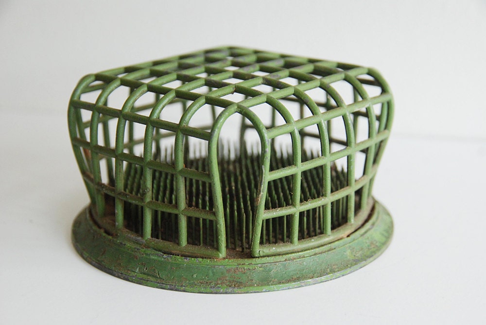 Large Green Metal Flower Frog - Repurposed Display Desktop Organizer