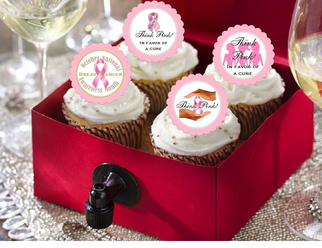 THINK PINK RIBBON Cupcake Toppers Decorations - breast cancer awareness