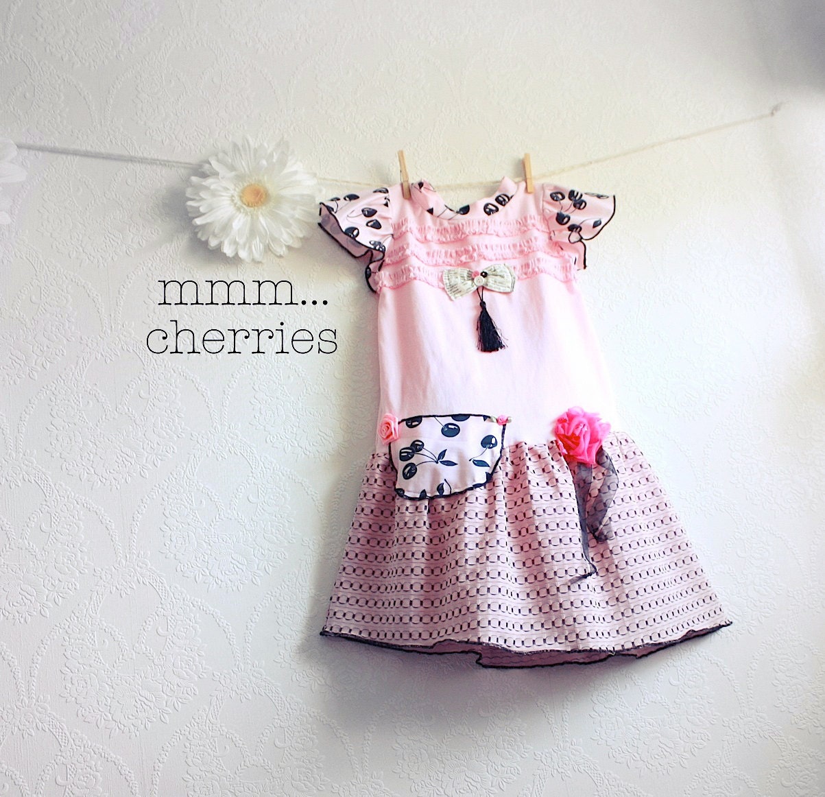 Girl's Pink Dress 6 7 Children's Clothing Black Cherry Upcycled Clothes Flutter Sleeves Recycled Fabric Eco Friendly 'BONNIE'