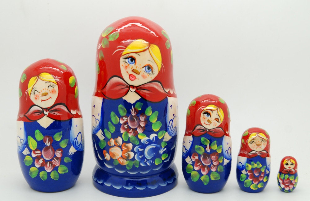 5 Authentic Gzhel Russian  Nesting dolls Matryoshka, free shipping