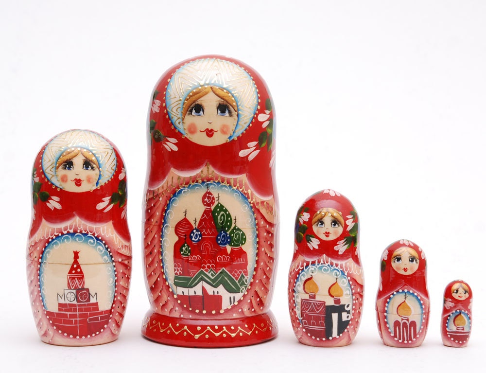 5 Authentic Russian  Nesting dolls with Russian Moscow Kremlin Matryoshka, free shipping