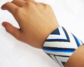 White and Blue TRIBAL CHEVRON-- 2 inch Blue Leather Bracelet / Cuff
