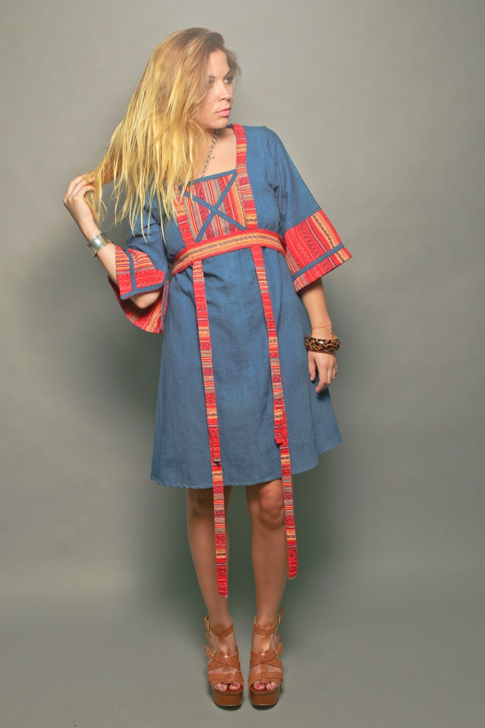 Vintage 70s Hippie Denim Dress with Woven Fabric Accents