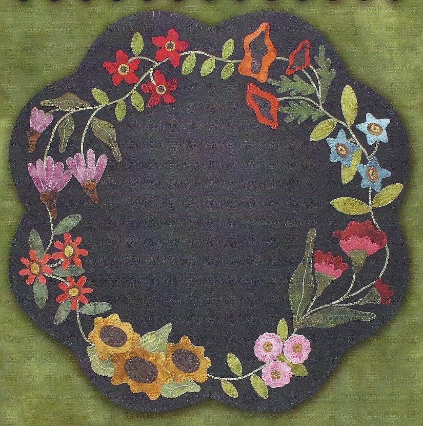 Primitive Folk Art Wool Applique Mat:  GARDEN BLOOMS Table Mat