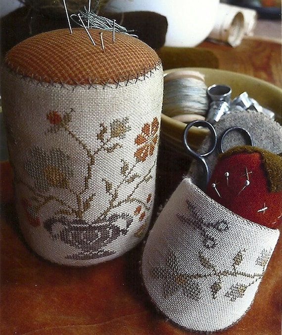 Primitive Folk Art Cross Stitch Pattern:  Pinkeep DRUM, SLIPPER & STRAWBERRY - Summer Gathering