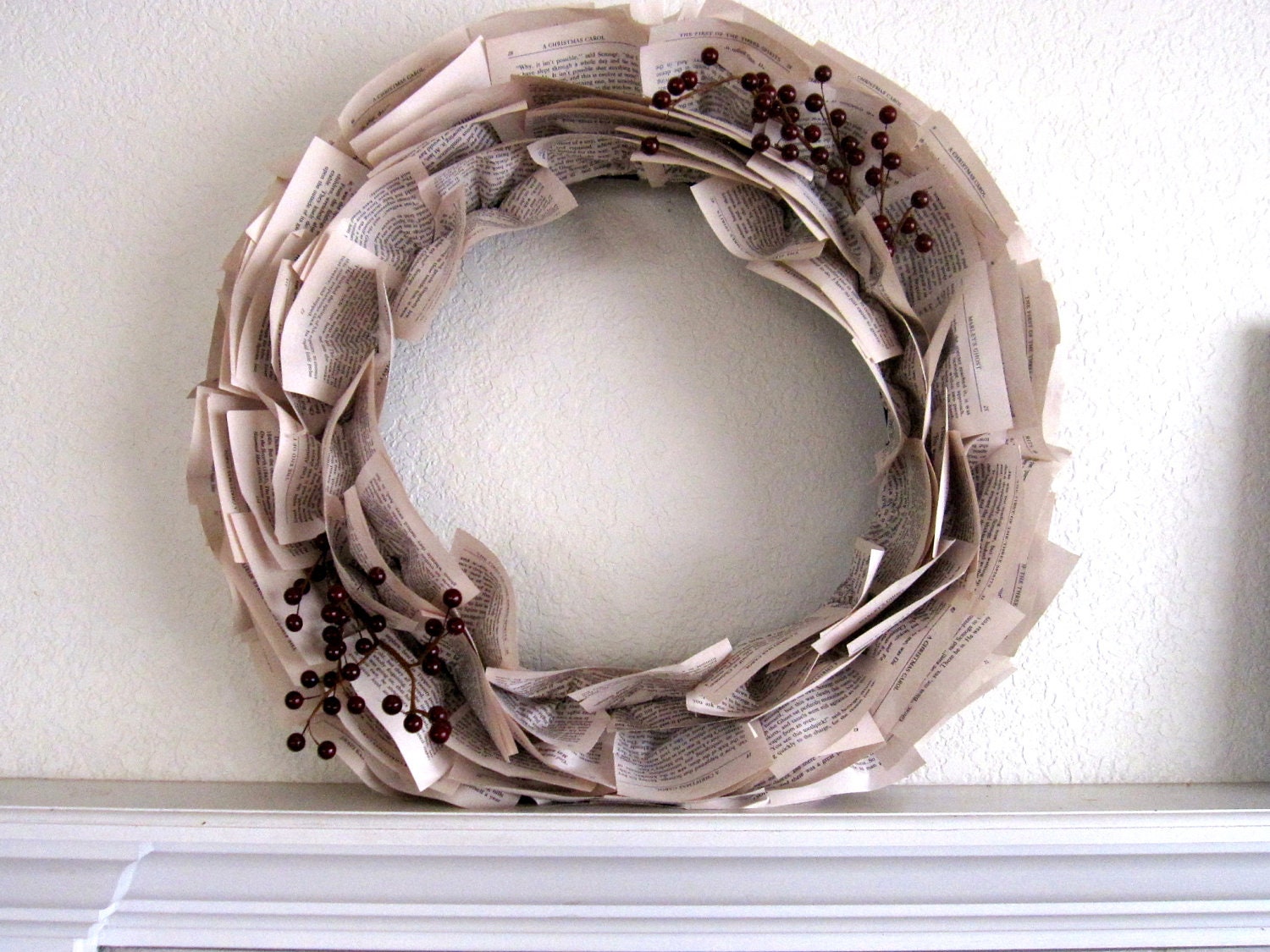 22-Inch Christmas Wreath with Dickens' "A Christmas Carol" Book Paper and Double Berry Accent