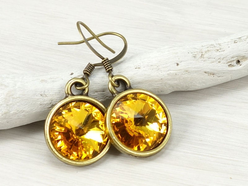 Sunflower Yellow Earrings Antique Brass Rivoli Jewelry Swarovski Crystal Earrings Golden Yellow Fall Jewelry Autumn Jewelry