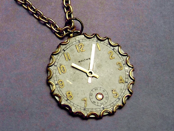 Clock Face Necklace Aged Watch Antiqued Gold
